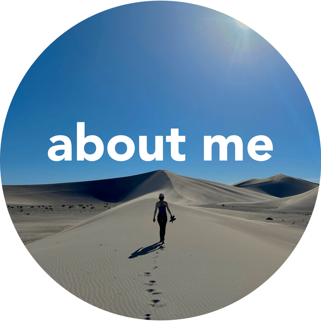 about me button featuring Ali walking in the desert